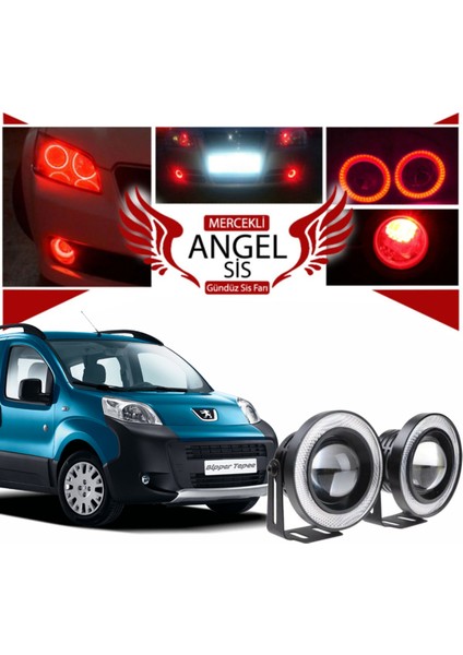 Peugeot Bipper Uyumlu, Universal Mercekli LED Angel Sis Farı, 76MM Kırmızı Renk