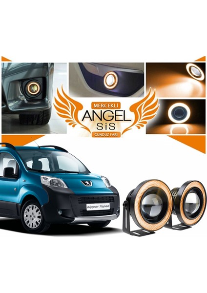 Peugeot Bipper Uyumlu, Universal Mercekli LED Angel Sis Farı, 76MM Turuncu Renk