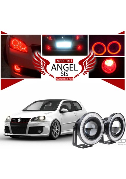 Volkswagen Golf 5 Uyumlu, Universal Mercekli LED Angel Sis Farı, 76MM Kırmızı Renk