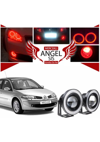 Renault Megane 2 Uyumlu, Universal Mercekli LED Angel Sis Farı, 76MM Kırmızı Renk