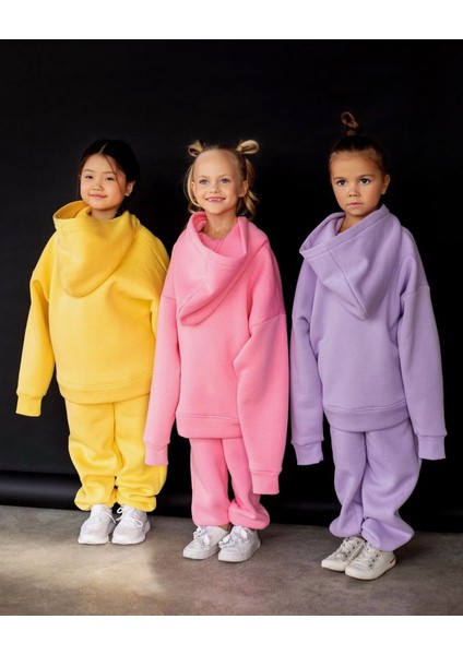 Kız Çocuk Nakışlı Slogan Alt Üst Takım Kapüşonlu 3 Iplik Şardonlu Pembe Renk modelleri