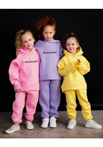 Kız Çocuk Nakışlı Slogan Alt Üst Takım Kapüşonlu 3 Iplik Şardonlu Pembe Renk fırsatları