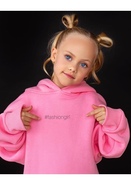Kız Çocuk Nakışlı Slogan Alt Üst Takım Kapüşonlu 3 Iplik Şardonlu Pembe Renk indirimleri