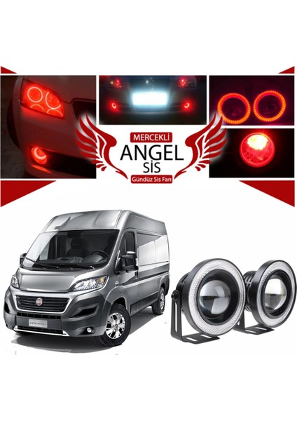 Fiat Ducato Uyumlu, Universal Mercekli LED Angel Sis Farı, 76MM Kırmızı Renk