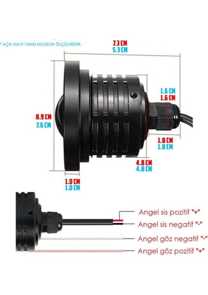 Universal Mercekli LED Angel Sis Farı, 76MM Buz Mavi Renk