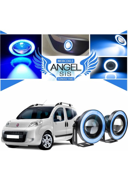 Fiat Fiorino Uyumlu, Universal Mercekli LED Angel Sis Farı, 76MM Buz Mavi Renk