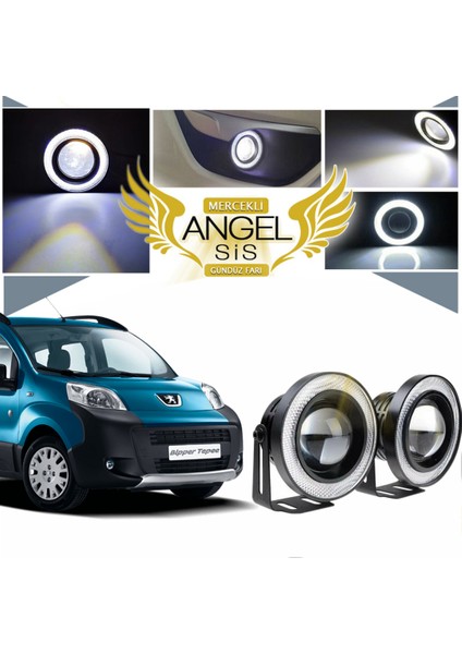 Peugeot Bipper Uyumlu, Universal Mercekli LED Angel Sis Farı, 76MM Beyaz Renk