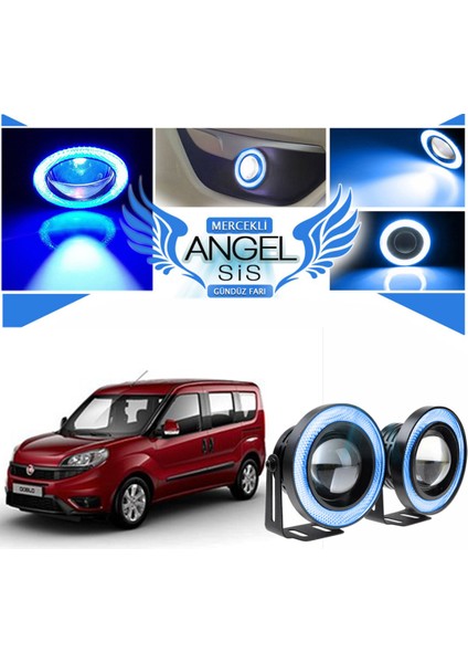 Fiat Doblo D4 Uyumlu, Universal Mercekli LED Angel Sis Farı, 76MM Buz Mavi Renk