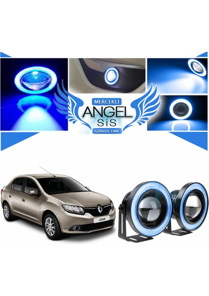 Dacia Logan Uyumlu, Universal Mercekli LED Angel Sis Farı, 76MM Buz Mavi Renk
