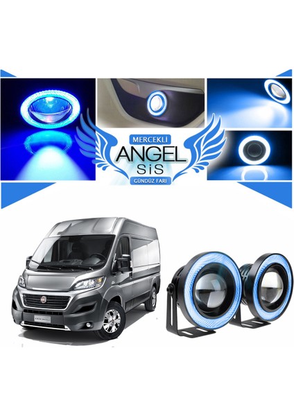 Fiat Ducato Uyumlu, Universal Mercekli LED Angel Sis Farı, 76MM Buz Mavi Renk