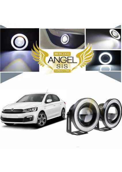 Citroen C Elysee Uyumlu, Universal Mercekli LED Angel Sis Farı, 76MM Beyaz Renk