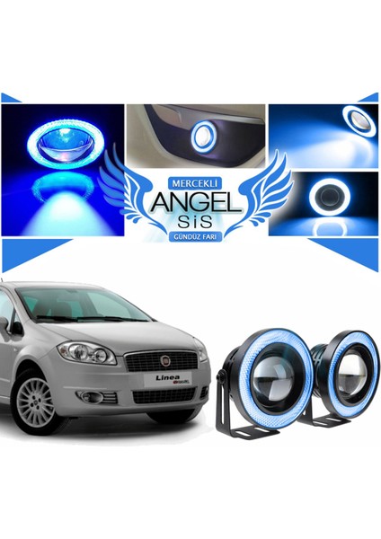 Fiat Linea Uyumlu, Universal Mercekli LED Angel Sis Farı, 76MM Buz Mavi Renk