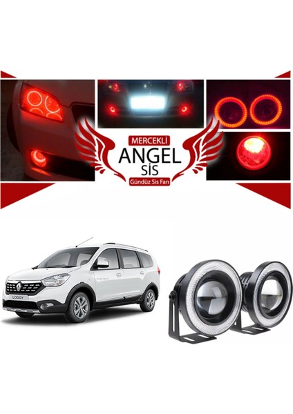 Dacia Lodgy Uyumlu, Universal Mercekli LED Angel Sis Farı, 76MM Kırmızı Renk