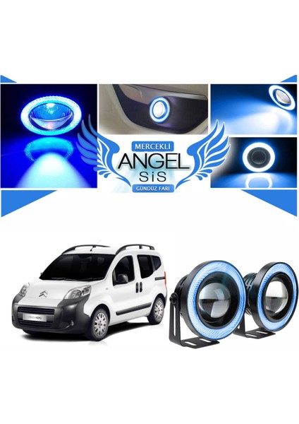 Citroën Nemo Uyumlu, Universal Mercekli LED Angel Sis Farı, 76MM Buz Mavi Renk