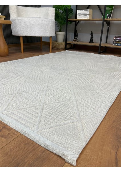 Şönil Pamuk Dokuma Tüylü Kabartmalı Zincir Modern Salon Koridor Mutfak Yolluk Halı Kilim Krem