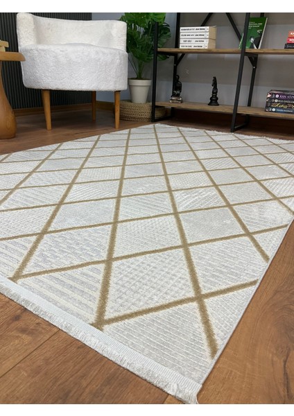 Şönil Pamuk Dokuma Tüylü Kabartmalı Zincir Modern Salon Koridor Mutfak Yolluk Halı Kilim Bej