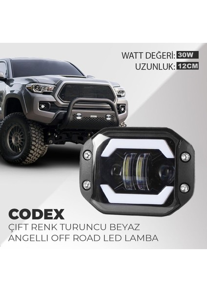 Codex Angellı 30W Çift Renk Turuncu Beyaz Gömme Montaj Off Road led lamba