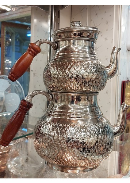 Bakır Çaydanlık El Işlemesi Damla Desenli Gümüş Bakır Çaydanlık Büyük Aile Boy Bakır Demlik