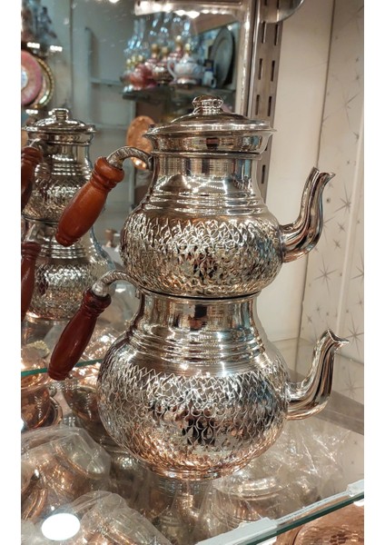 Bakır Çaydanlık El Işlemesi Damla Desenli Gümüş Bakır Çaydanlık Büyük Aile Boy Bakır Demlik