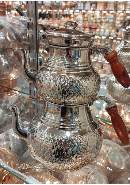 Bakır Çaydanlık El Işlemesi Damla Desenli Gümüş Bakır Çaydanlık Büyük Aile Boy Bakır Demlik