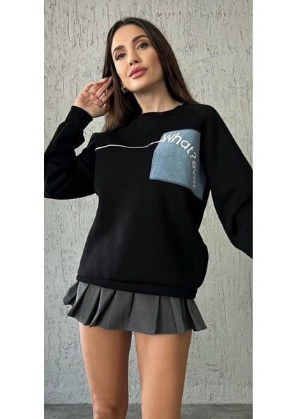 Siyah Şardonlu Whatever Yamalı Sweatshirt