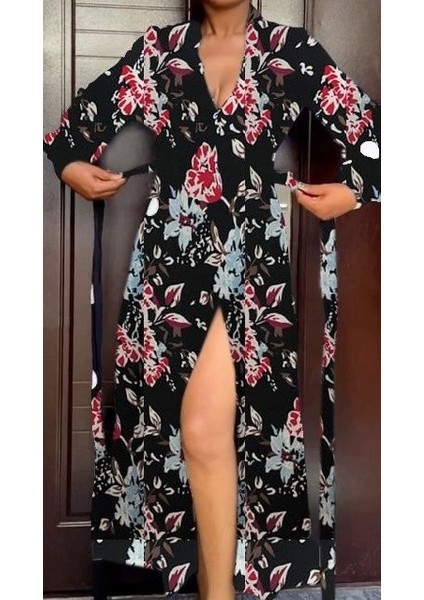 Kadın Uzun Kollu Kruvaze Yaka Yandan Bağlamalı Krep Tam Boy Elbise fiyatları