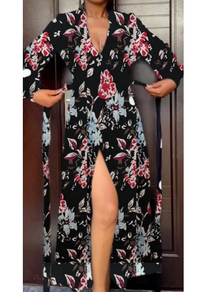 Kadın Uzun Kollu Kruvaze Yaka Yandan Bağlamalı Krep Tam Boy Elbise modelleri