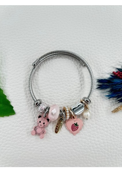 Kadın Charm Ayıcık & Kalp Çelik Bileklik Pembe Renk modelleri