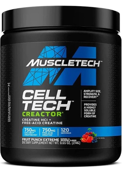 Cell-Tech Creactor Creatine Hcl + Free-Acid Creatine Fruit Punch Extreme, 120 Servings
