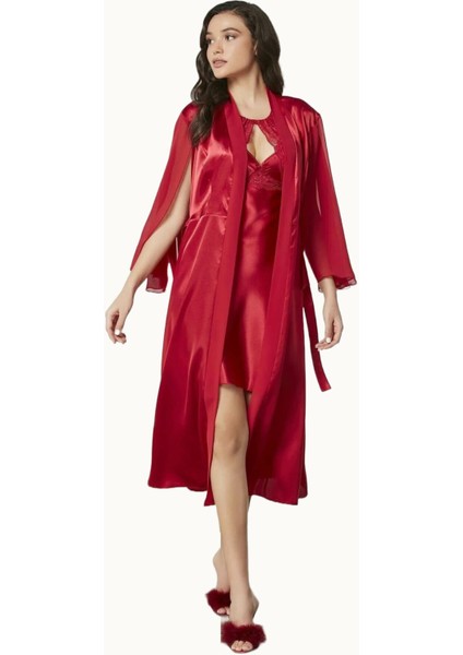 Saten Dantelli Gecelik ve Sabahlık Takımı 4375 Kırmızı