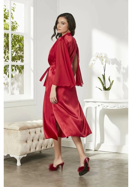 Saten Dantelli Gecelik ve Sabahlık Takımı 4375 Kırmızı fiyatları