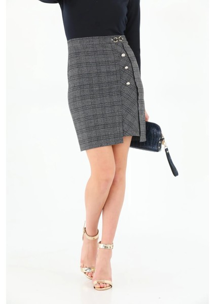 x Modapo Kadın Düğme Detaylı Etek Kısmı Ekoseli Mini Ofis Elbise ETS6690 fırsatları