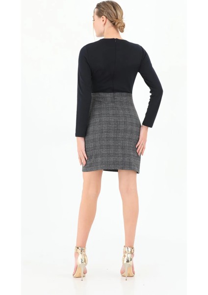 x Modapo Kadın Düğme Detaylı Etek Kısmı Ekoseli Mini Ofis Elbise ETS6690 indirimleri
