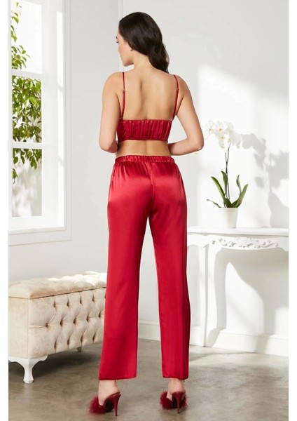 Kadife Saten 3'lü Pijama Takım 2075 Kırmızı fiyatları
