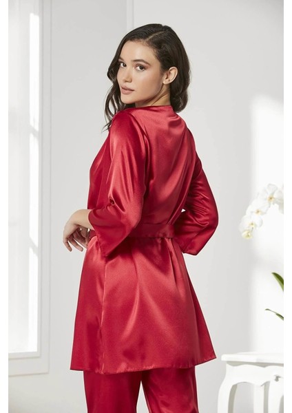 Kadife Saten 3'lü Pijama Takım 2075 Kırmızı indirimleri