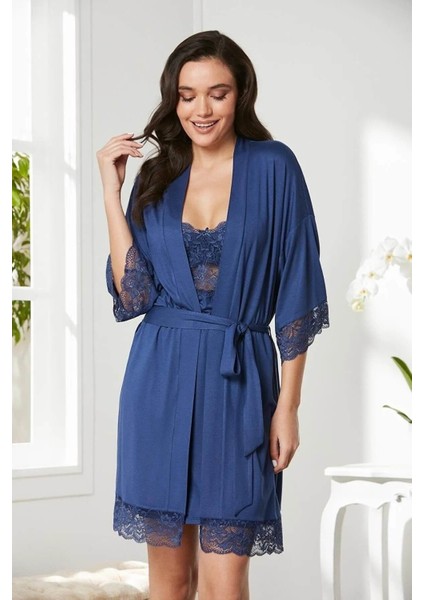 Penye Dantelli Gecelik Sabahlık Takım 4020 Lacivert