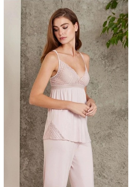 2820 Kadın Pudra Dantelli Penye 3'lü Sabahlıklı Pijama Takım modelleri