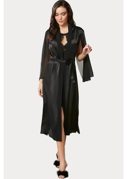 Saten Dantelli Gecelik ve Sabahlık Takımı 4375 Siyah