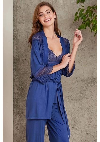 2820 Kadın Lacivert Dantelli Penye 3'lü Sabahlıklı Pijama Takım