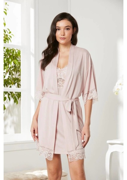 Penye Dantelli Gecelik Sabahlık Takım 4020 Pudra
