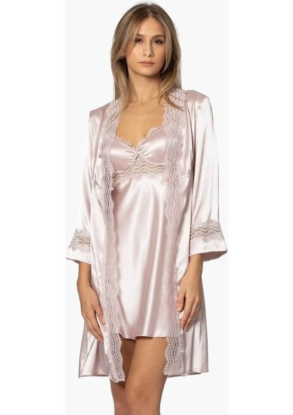 6'lı Saten Gecelik Sabahlık Çeyiz Seti 6010 Pudra