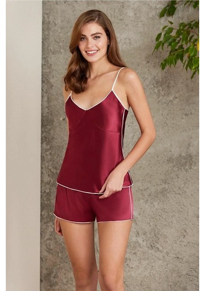 Saten 4lü Gecelik Sabahlık Şort Seti Bordo 7200 modelleri