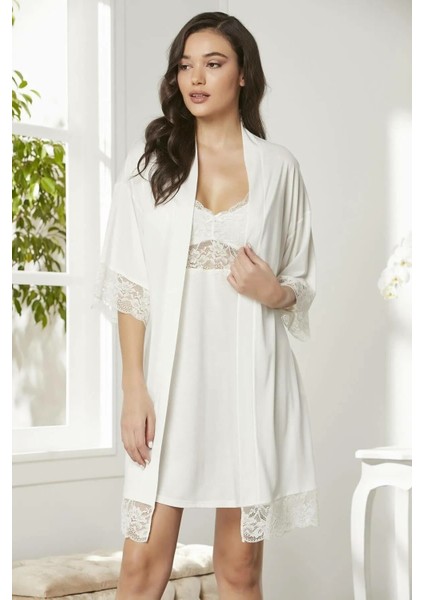 Penye Dantelli Gecelik Sabahlık Takım 4020 Ekru fiyatları