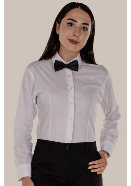 Beyaz Slim Fit Kadın Gömlek Uzun Kollu