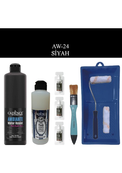 Fayans Tezgah B - Ambiente Islak Zemin Aw - 24 Siyah 500 ml Katalizör 30 gr Taş Vernik 250 Saten Rulo Set