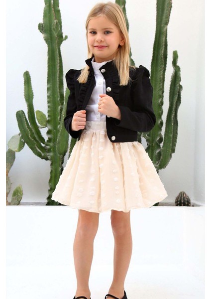 Kız Çocuk Puantiyeli Etek ve Denim Ceketli Siyah Etekli Takım