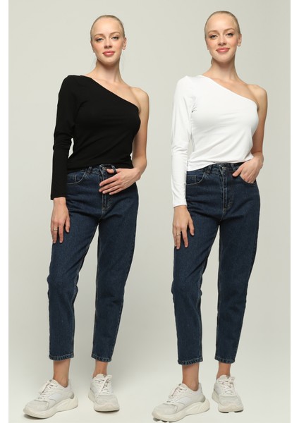 2'li Kadın Siyah Tek Omuz Örme Bluz