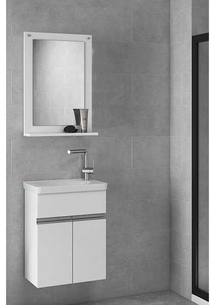 Alfa Banyo Miniço-Beyaz Ebeveyn 45 cm x 28 cm Aynalı Lüx Lavabolu Banyo Dolabı- 1. Sınıf Mdf-Beyaz