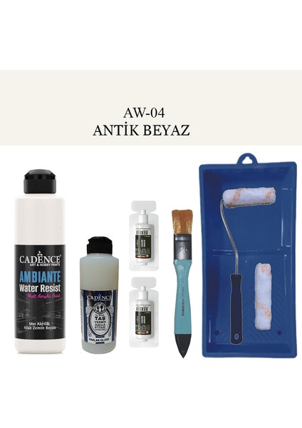 Fayans Tezgah B - Ambiente Islak Zemin Aw - 04 Antik Beyaz 250 ml Katalizör 20 gr Taş Vernik 120 Saten Rulo Set
