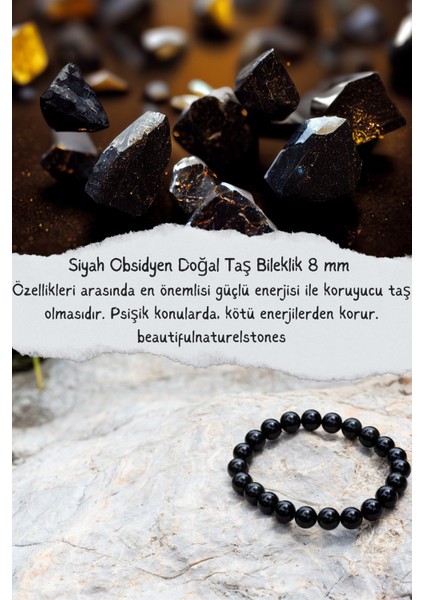 Sertifikalı Siyah Obsidyen Doğal Taş Bileklik 8 mm ( Koruyucu Taş )